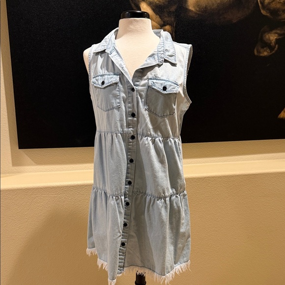 Luvamia Dresses & Skirts - Sleeveless Light Wash Denim Shirt Dress - Casual Tiered